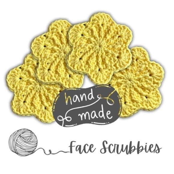 🌻Handmade Sakura Blossom Crochet 100% Cotton Face Scrubbies Set of 4 Yellow Sun - Picture 4 of 6